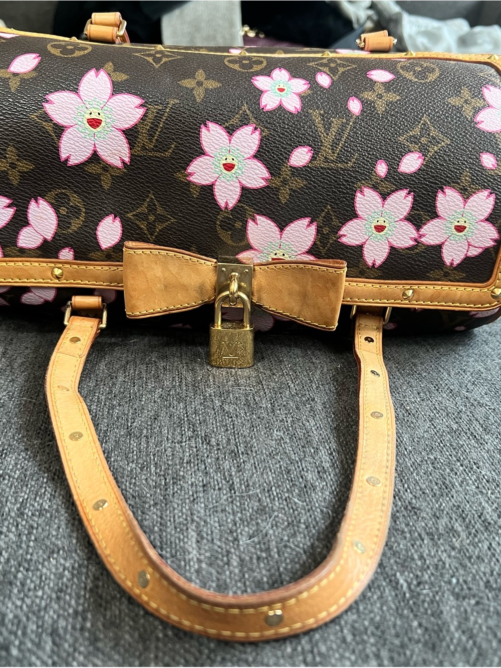 Louis Vuitton Brown Monogram Canvas Shoulder Bag with Pink Cherry Blossom Print